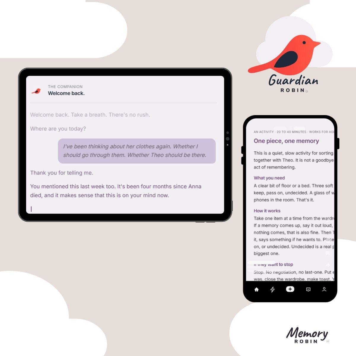 Guardian Robin shown on a tablet and a phone