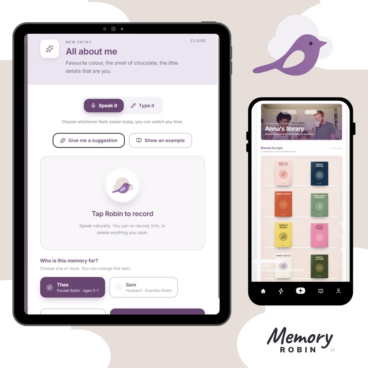 Memory Robin shown on a tablet and a phone